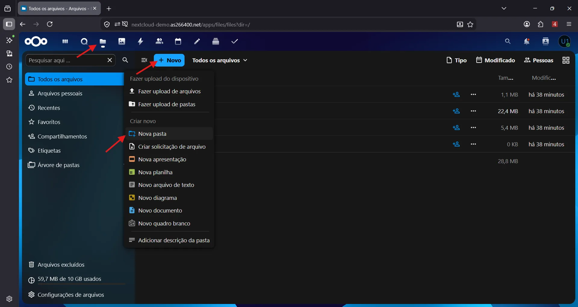 Criando a pasta Projetos no Nextcloud