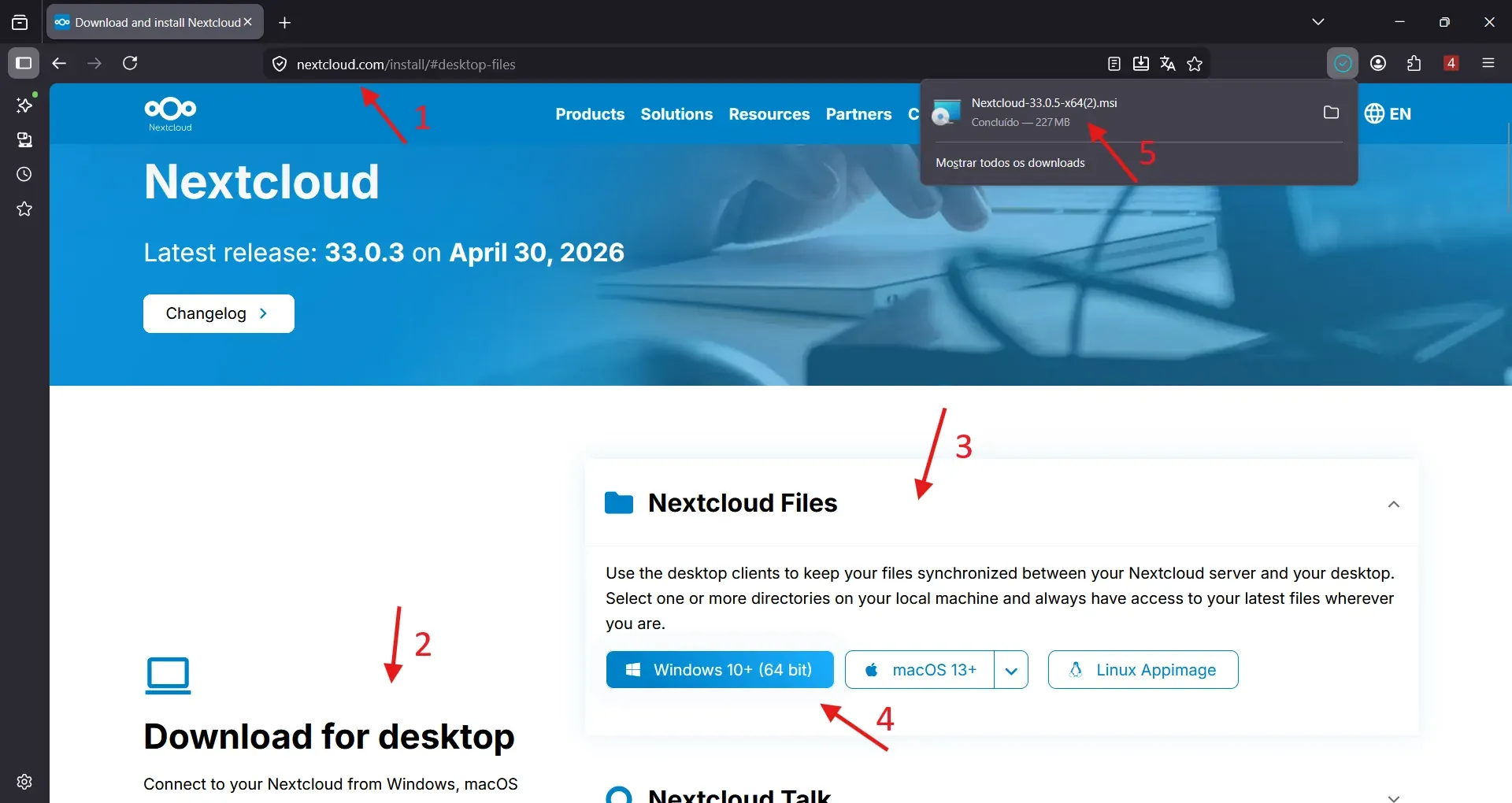 Página de download do Nextcloud