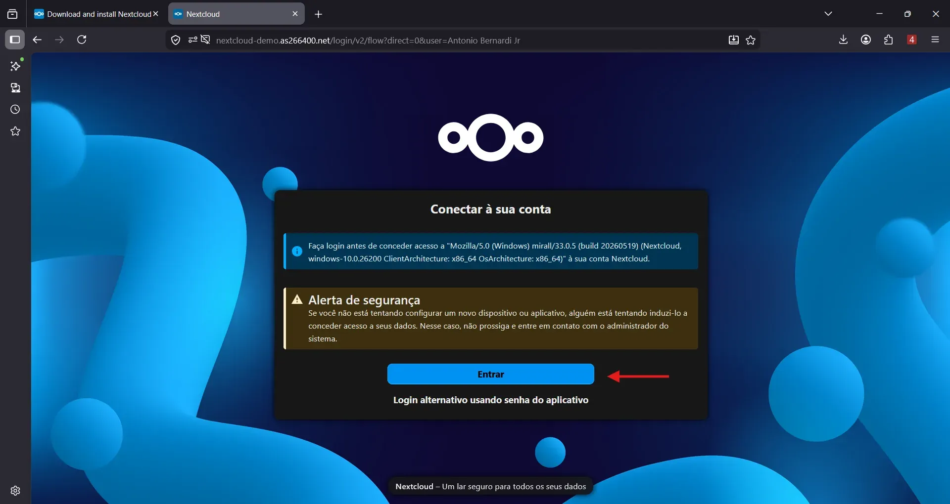 Tela de login no navegador