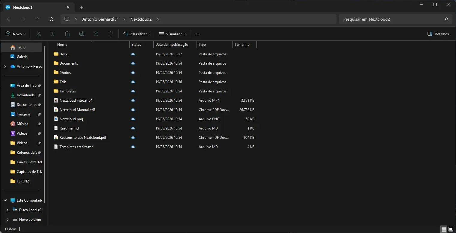 Gerenciador de arquivos na pasta do Nextcloud